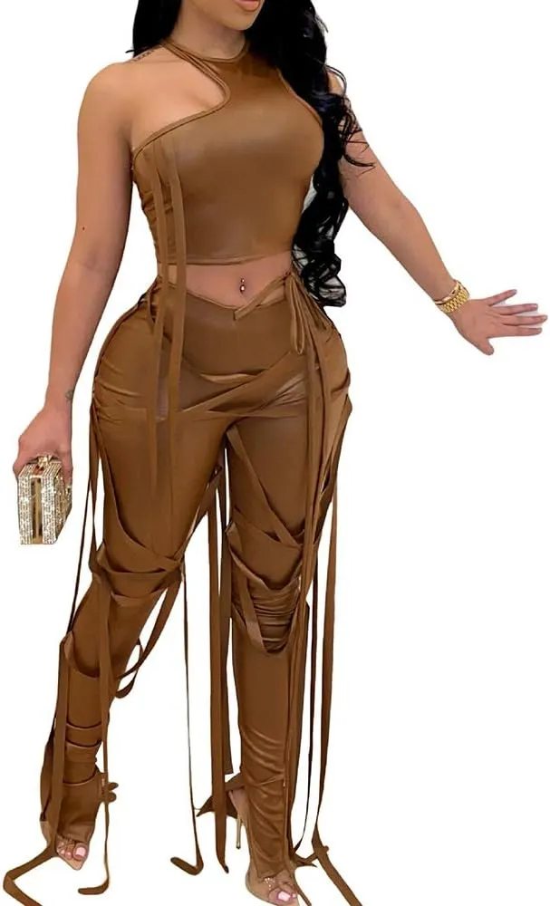 MESLIMA Women's Bandage 2 Piece Elastic Irregular Tank Top Solid Lace Up Bodycon Split Long Pant Sets Clubwear