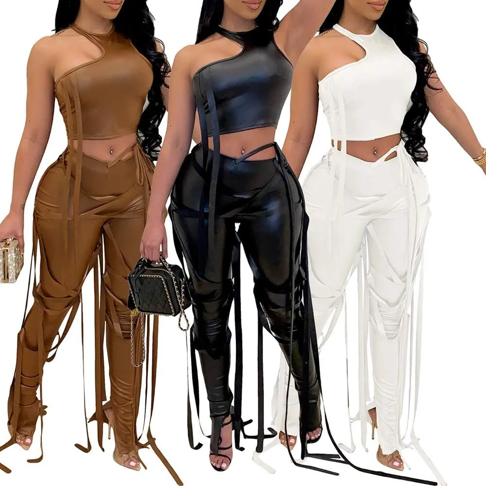MESLIMA Women's Bandage 2 Piece Elastic Irregular Tank Top Solid Lace Up Bodycon Split Long Pant Sets Clubwear