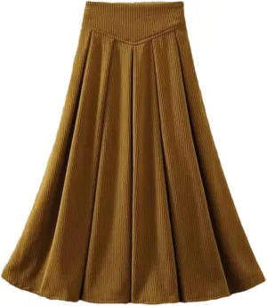 Mid-Length Corduroy Skirt for Women Autumn Winter Vintage A Line High Waist Pleated Midi Long Skirt