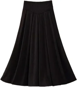 Mid-Length Corduroy Skirt for Women Autumn Winter Vintage A Line High Waist Pleated Midi Long Skirt