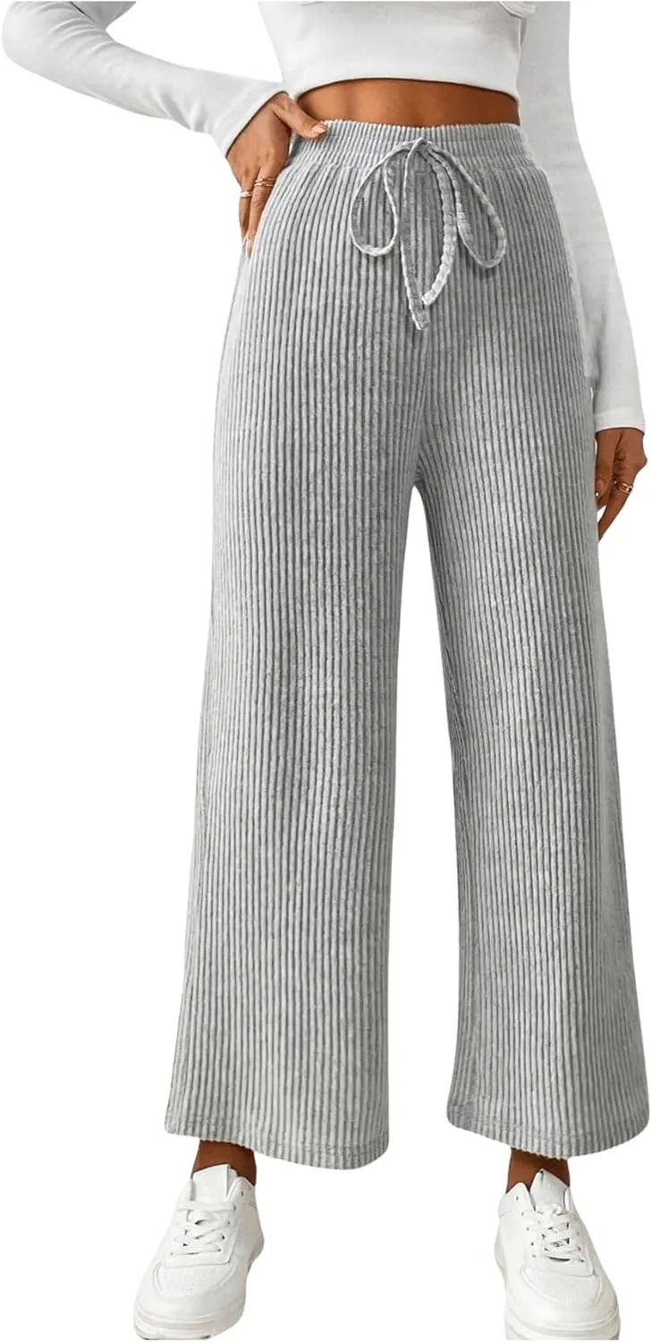 Milumia Women's Drawstring High Waist Wide Leg Pants Tie Knot Straight Baggy Trousers