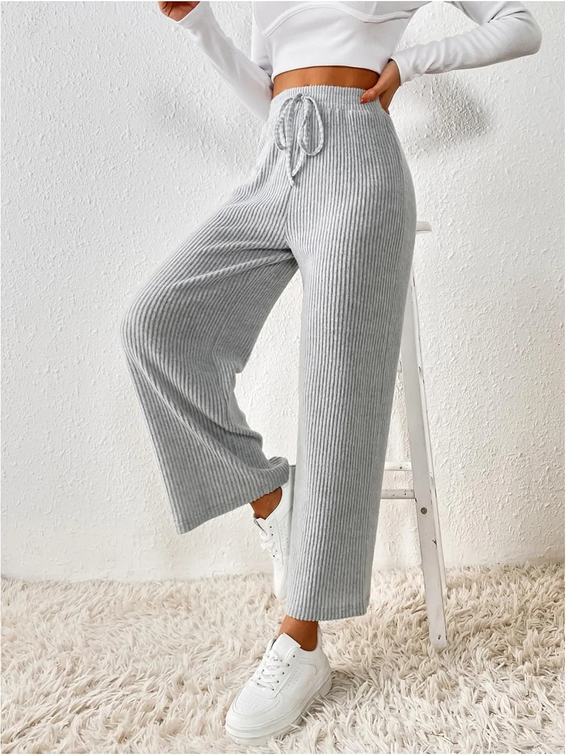 Milumia Women's Drawstring High Waist Wide Leg Pants Tie Knot Straight Baggy Trousers