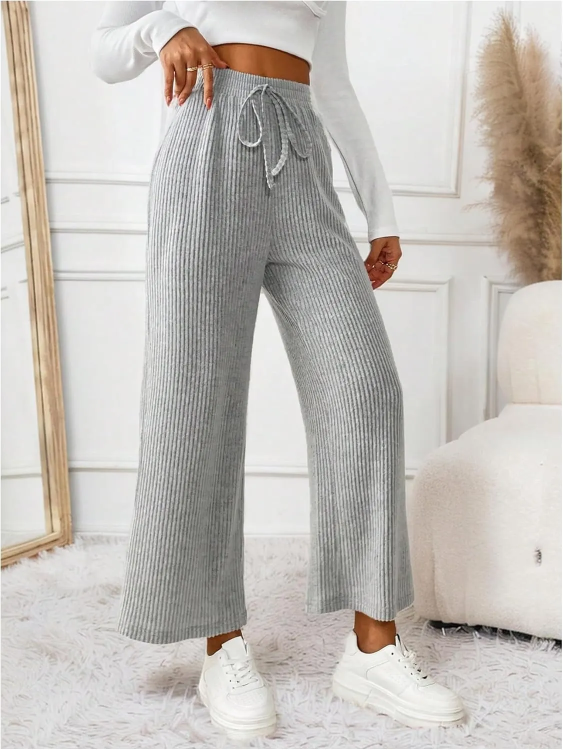 Milumia Women's Drawstring High Waist Wide Leg Pants Tie Knot Straight Baggy Trousers