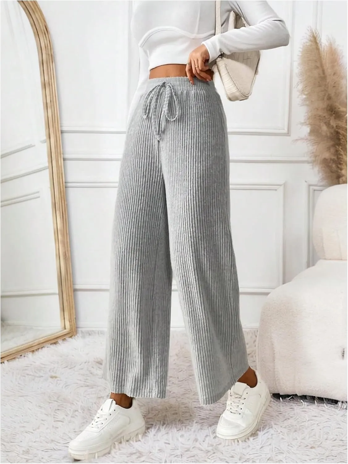 Milumia Women's Drawstring High Waist Wide Leg Pants Tie Knot Straight Baggy Trousers