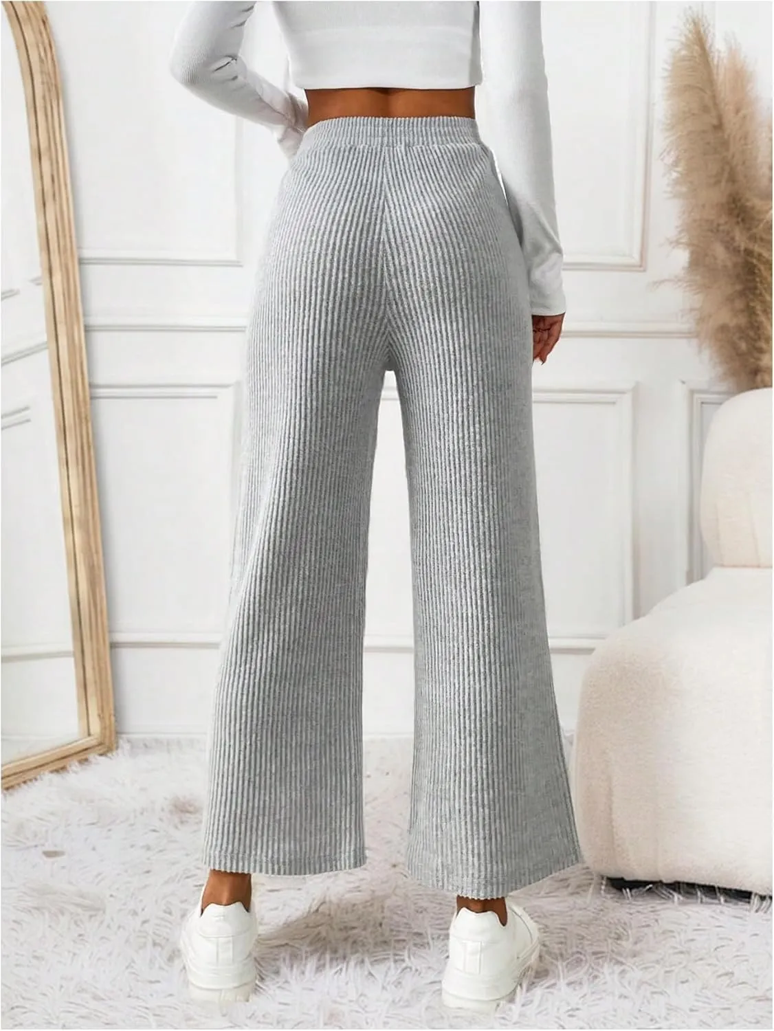Milumia Women's Drawstring High Waist Wide Leg Pants Tie Knot Straight Baggy Trousers