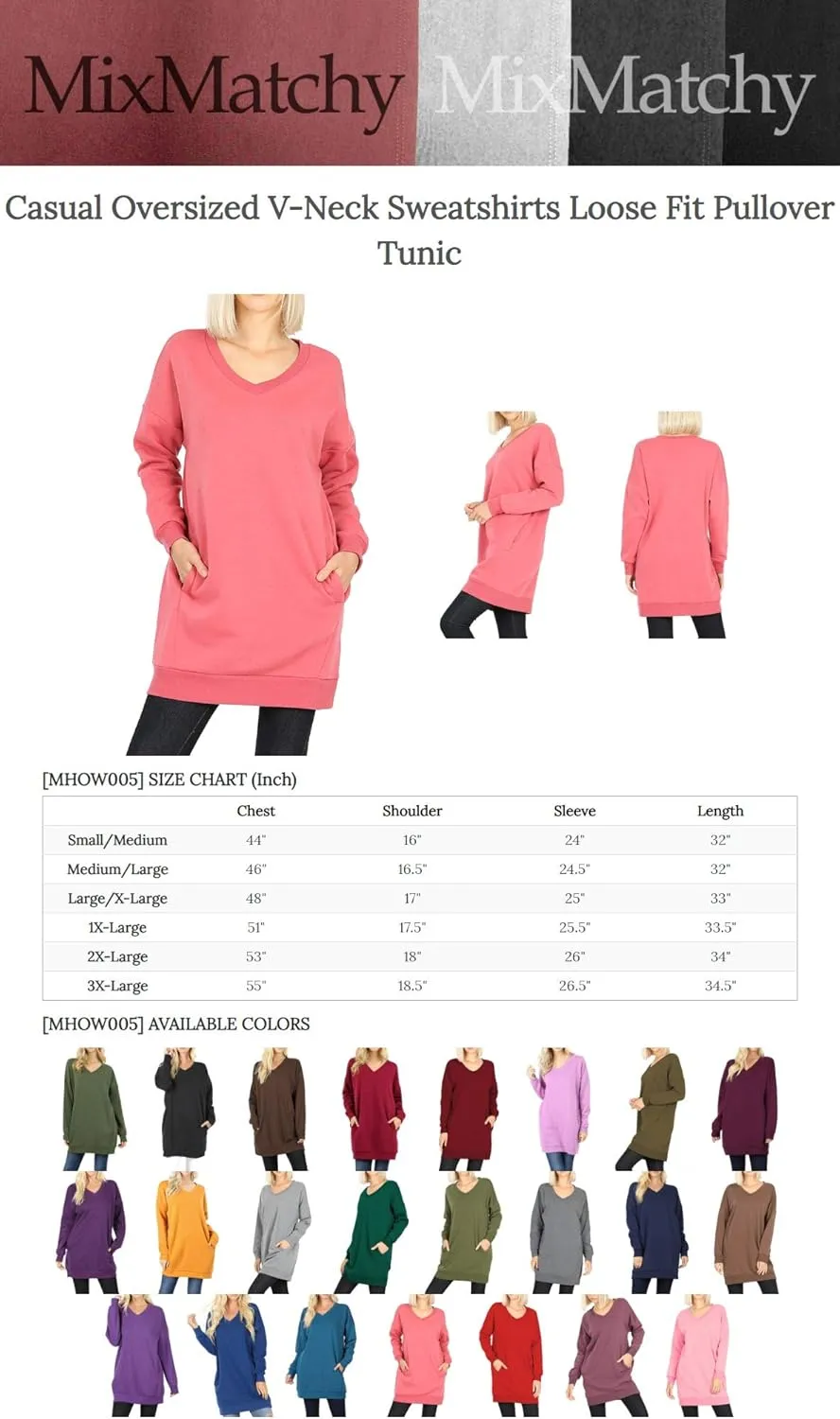 MixMatchy Women's Oversized Sweatshirts V-Neck Long Sleeve Tunic Pullover Fleece Sweater S-3X