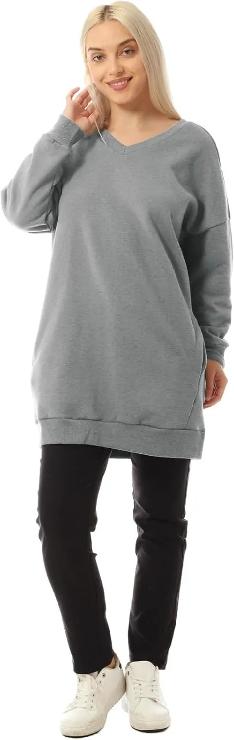 MixMatchy Women's Oversized Sweatshirts V-Neck Long Sleeve Tunic Pullover Fleece Sweater S-3X