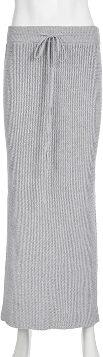 Molisry Women's High Waisted Knitted Skirt Bodycon Side Slit Drawstring Y2K Ribbed Long Maxi Pencil Skirt Casual Fall