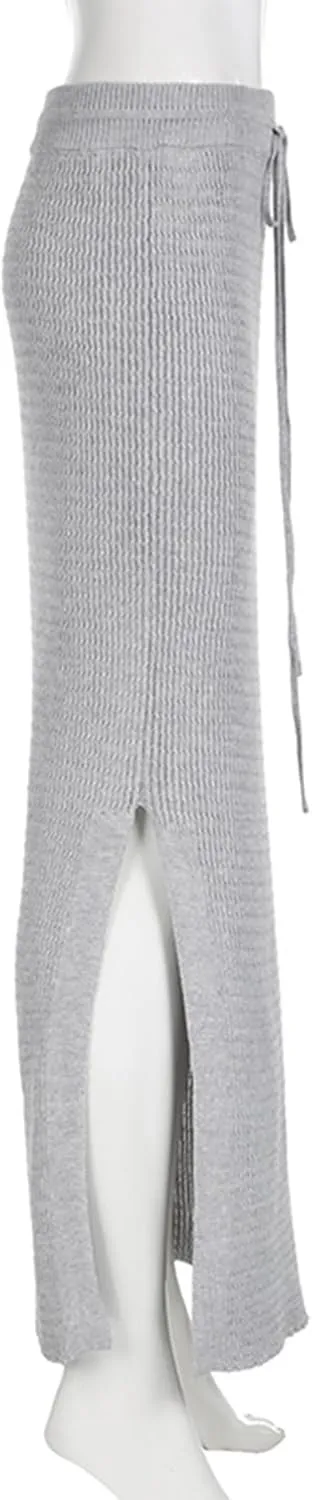Molisry Women's High Waisted Knitted Skirt Bodycon Side Slit Drawstring Y2K Ribbed Long Maxi Pencil Skirt Casual Fall