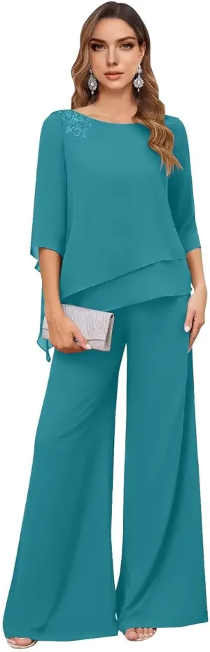 Mother of The Bride Pant Suits for Women 2 Piece Dressy Chiffon Petite Formal Wedding Guest Outfits