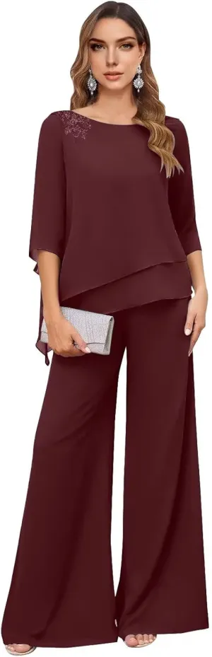 Mother of The Bride Pant Suits for Women 2 Piece Dressy Chiffon Petite Formal Wedding Guest Outfits