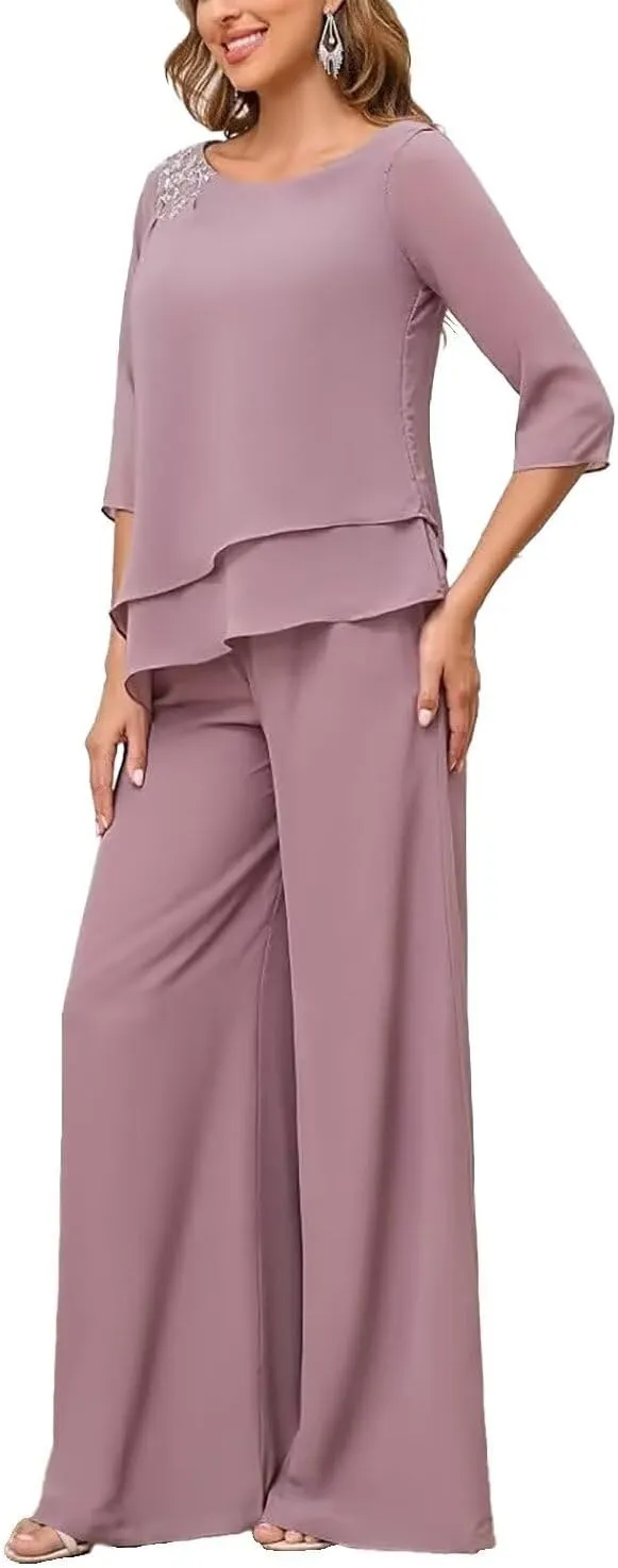 Mother of The Bride Pant Suits for Women 2 Piece Dressy Chiffon Petite Formal Wedding Guest Outfits