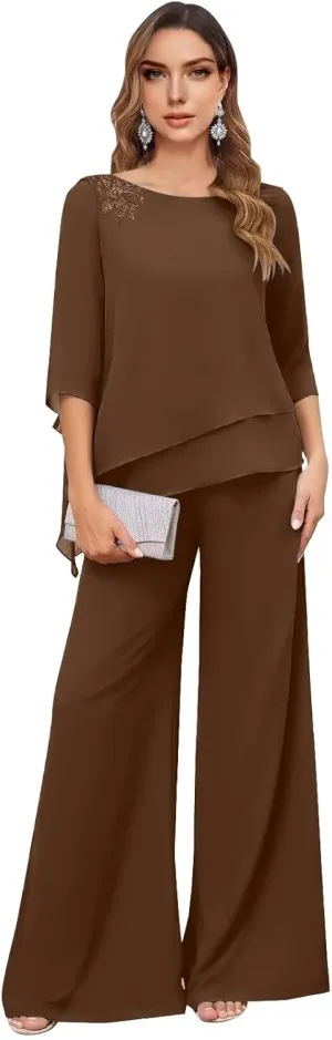 Mother of The Bride Pant Suits for Women 2 Piece Dressy Chiffon Petite Formal Wedding Guest Outfits