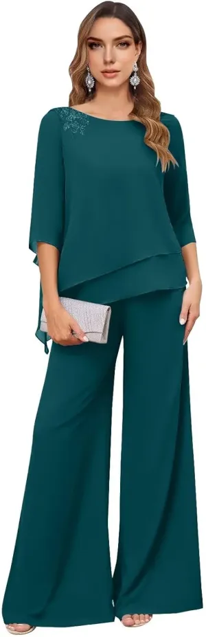 Mother of The Bride Pant Suits for Women 2 Piece Dressy Chiffon Petite Formal Wedding Guest Outfits