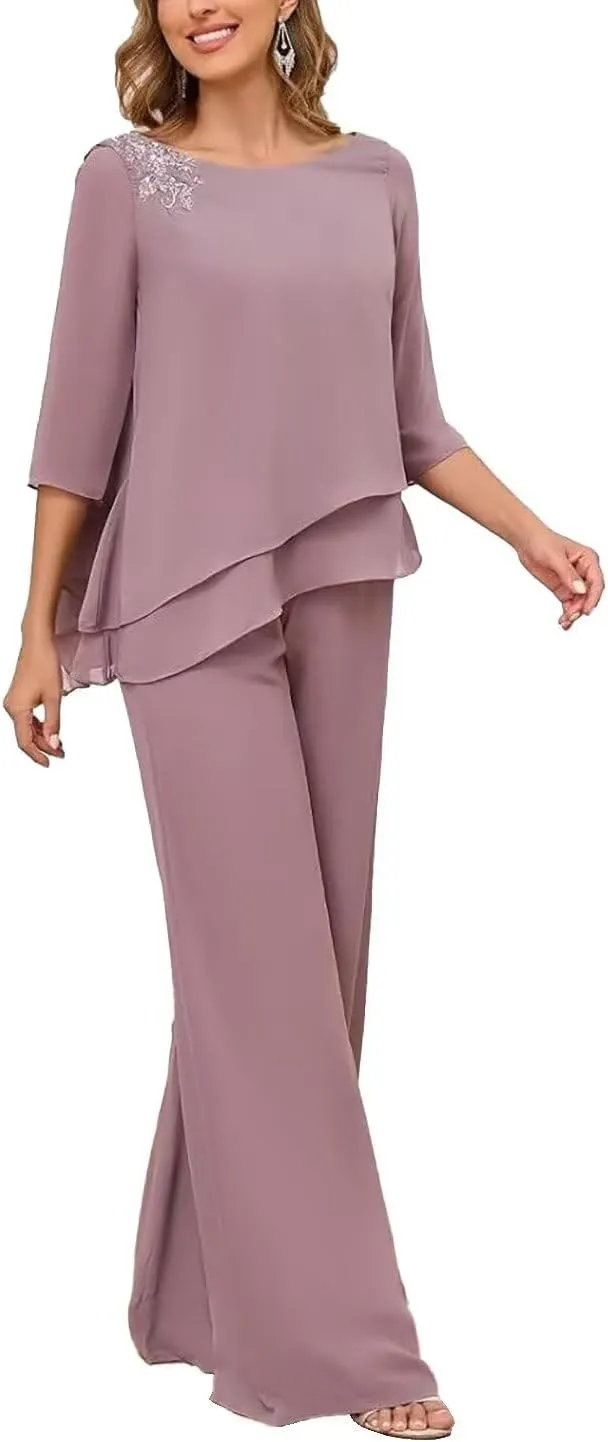 Mother of The Bride Pant Suits for Women 2 Piece Dressy Chiffon Petite Formal Wedding Guest Outfits