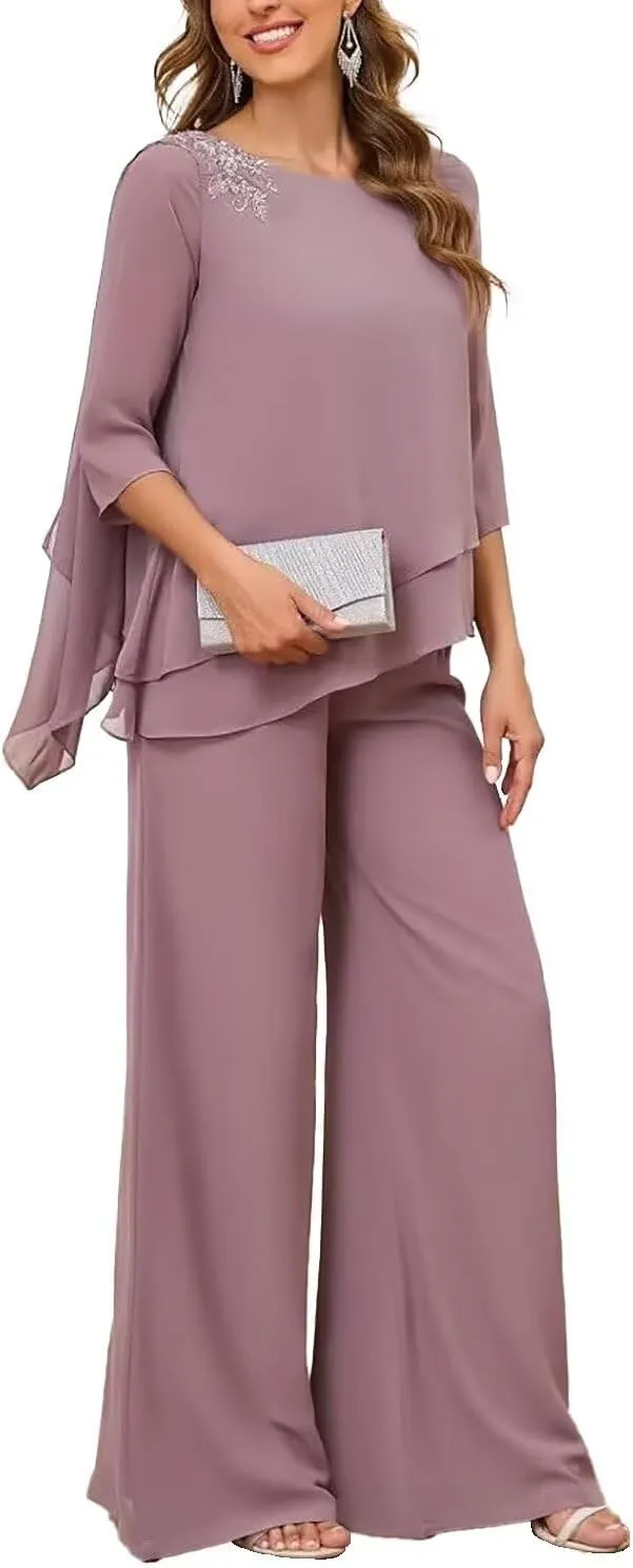 Mother of The Bride Pant Suits for Women 2 Piece Dressy Chiffon Petite Formal Wedding Guest Outfits