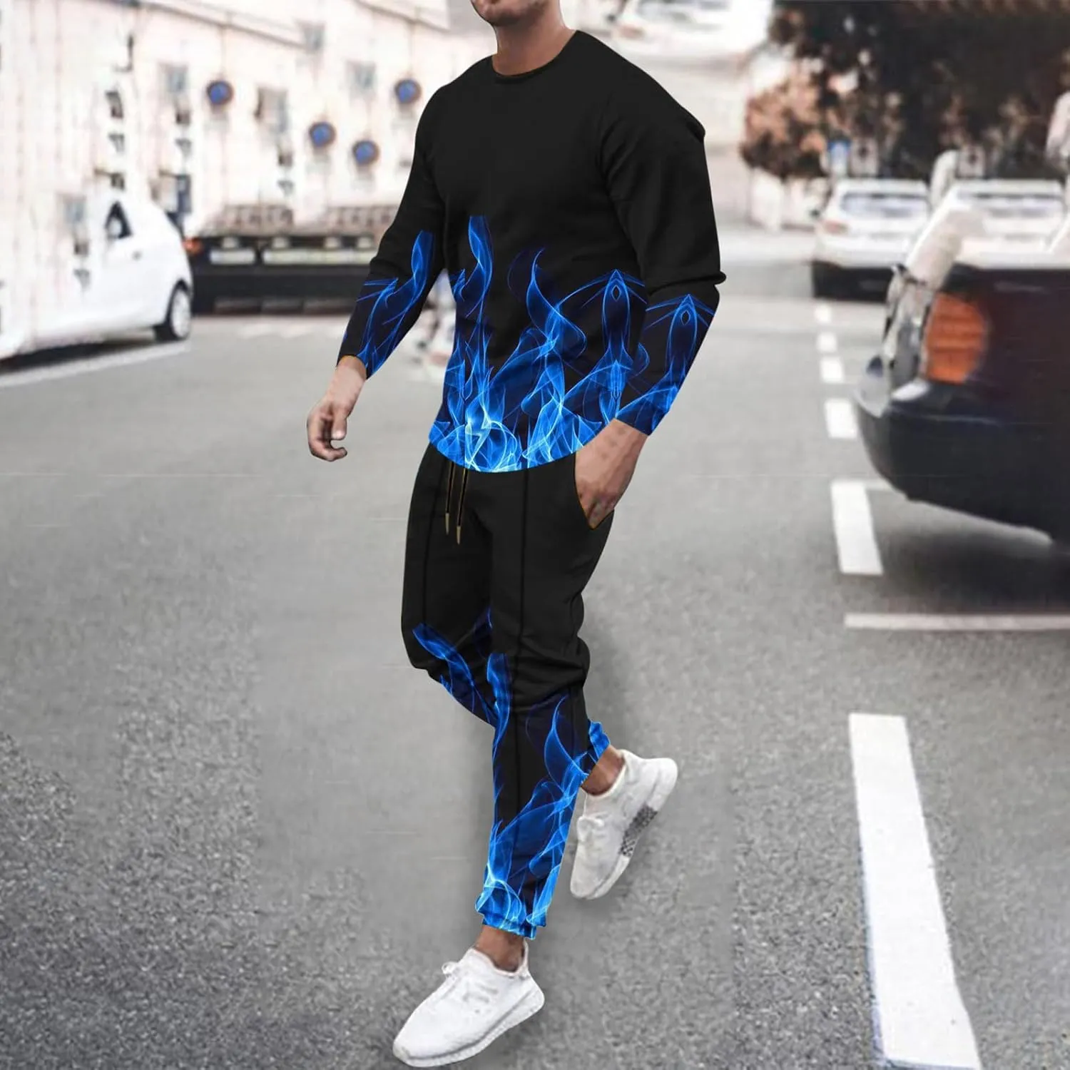 Muscularfit Men's Casual Tracksuit Long Sleeve Running Jogging Sweatsuit Causal Long Sleeve 3D Flame Print Sweatsuit 2 Piece