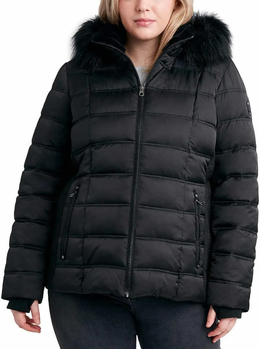 Nautica Womens Faux Fur Trim Hooded Midweight Puffer Jacket