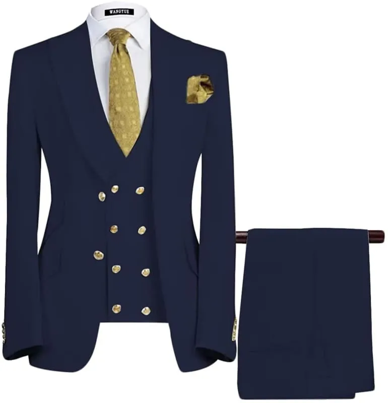 Navy Blue Peaked Lapel Three Pieces Business Suits Slim Fit Bestman Suit