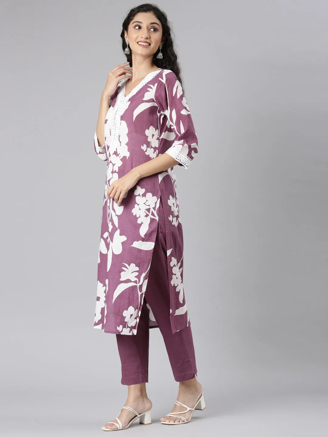 Neerus Purple Straight Casual Floral Kurta and Trouser with Dupatta