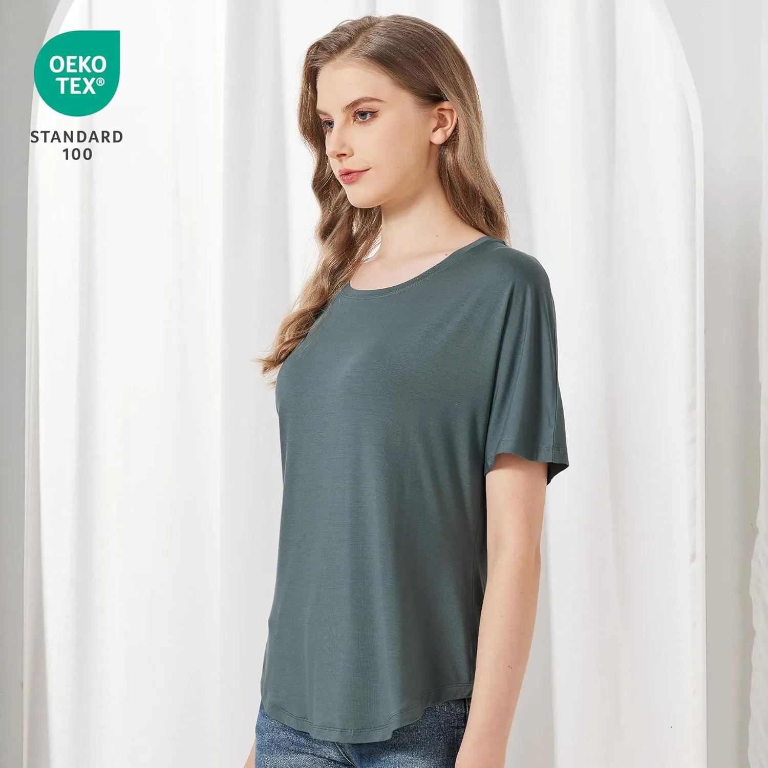 netdraw Women's Ultra Soft Bamboo Viscose Dolman Top Loose Fit Trendy Casual Lounge Short Sleeve Pajama Batwing T-Shirt