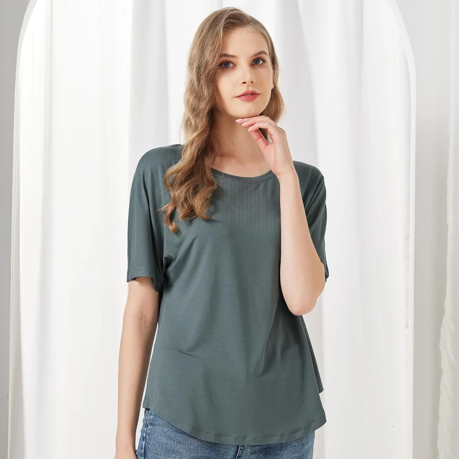 netdraw Women's Ultra Soft Bamboo Viscose Dolman Top Loose Fit Trendy Casual Lounge Short Sleeve Pajama Batwing T-Shirt