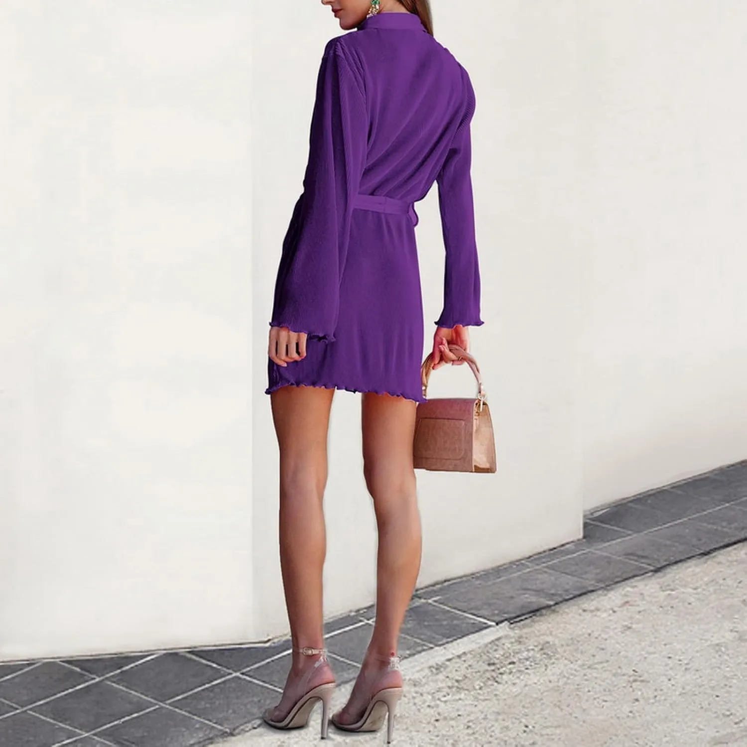Neufigr Shirt Dresses for Women Summer Dresses Vneck Long Sleeve Mini Button Down Dress Casual Ruffle Tunic Tops with Belt