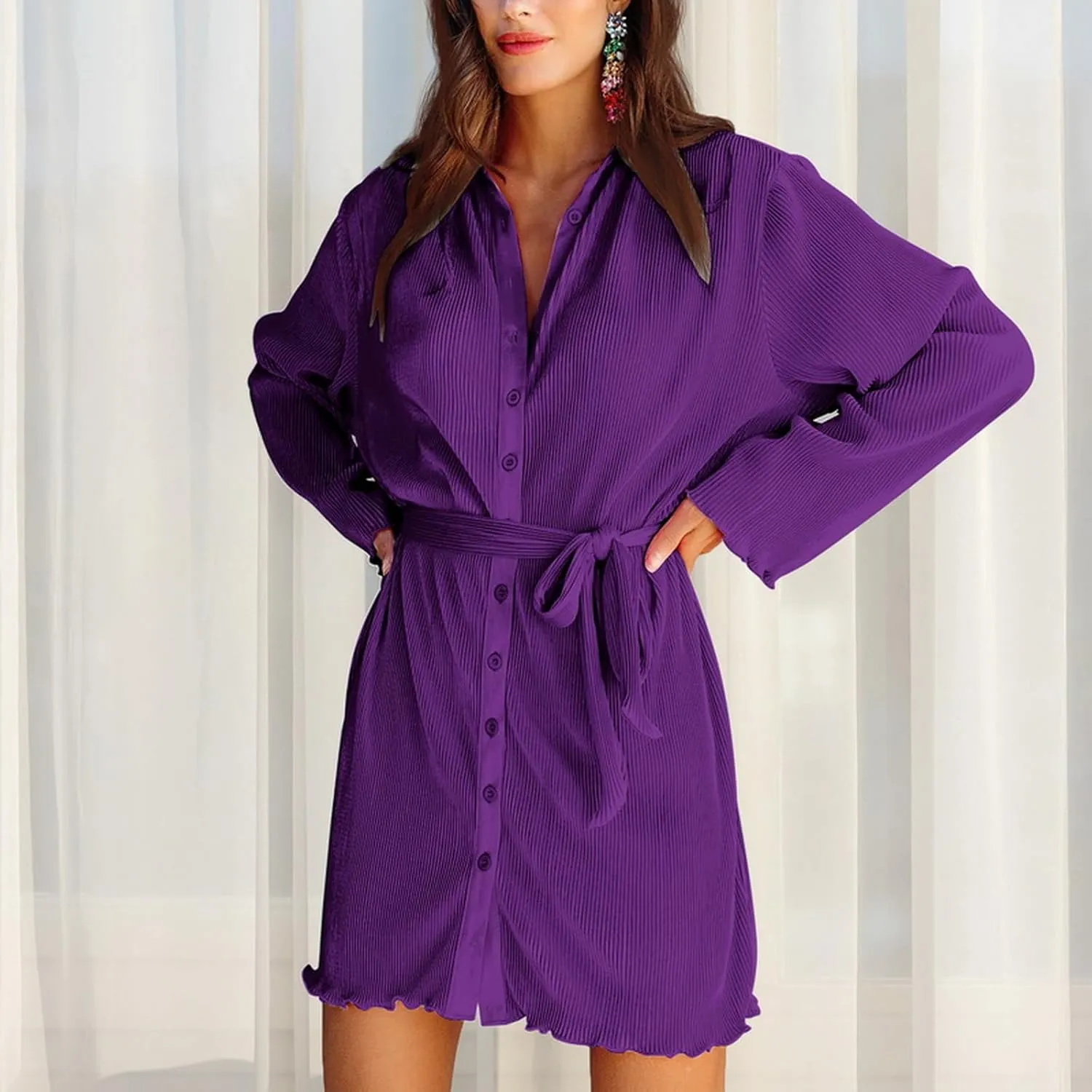 Neufigr Shirt Dresses for Women Summer Dresses Vneck Long Sleeve Mini Button Down Dress Casual Ruffle Tunic Tops with Belt