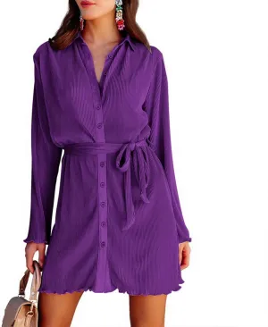 Neufigr Shirt Dresses for Women Summer Dresses Vneck Long Sleeve Mini Button Down Dress Casual Ruffle Tunic Tops with Belt