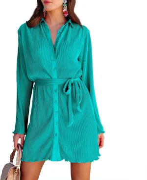 Neufigr Shirt Dresses for Women Summer Dresses Vneck Long Sleeve Mini Button Down Dress Casual Ruffle Tunic Tops with Belt