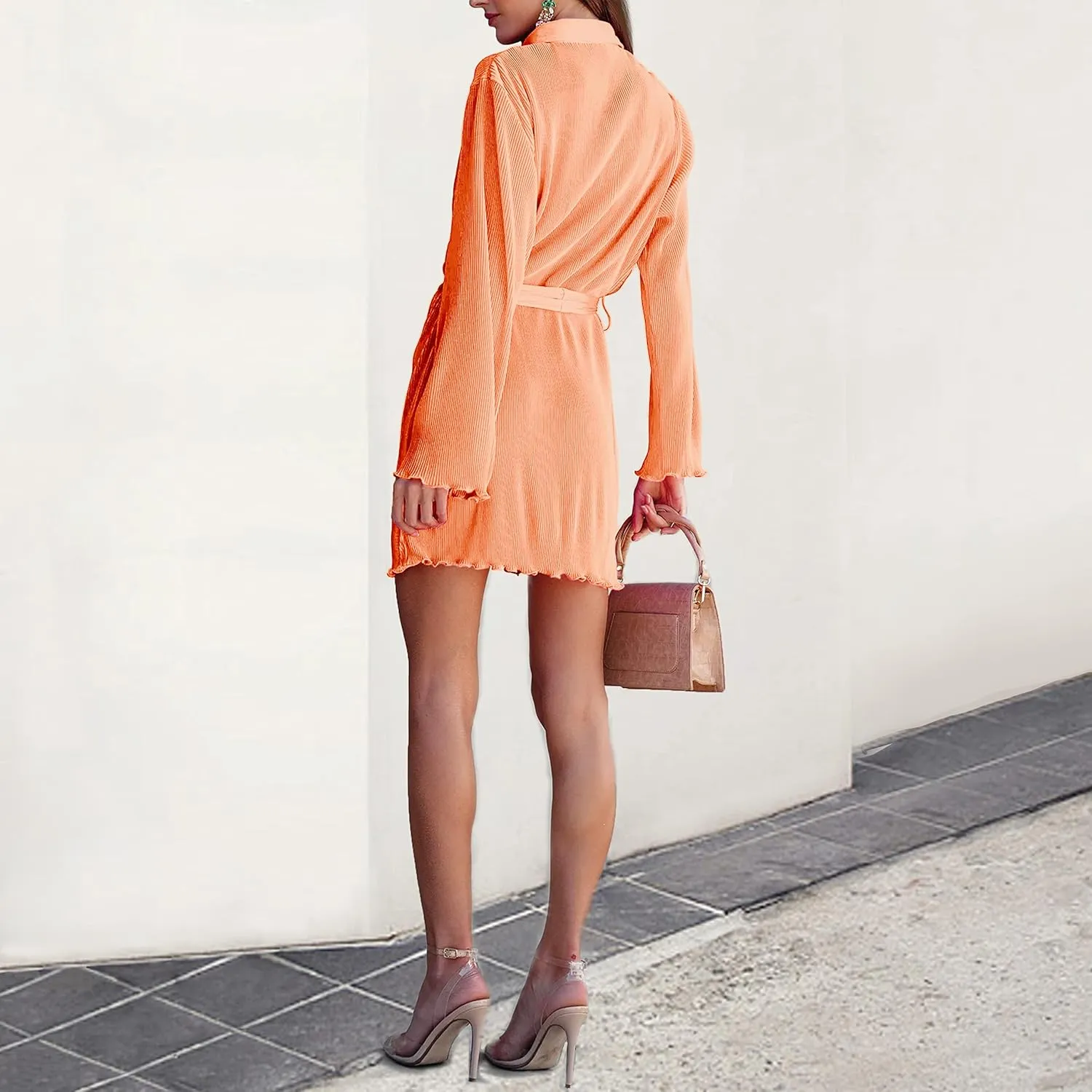 Neufigr Shirt Dresses for Women Summer Dresses Vneck Long Sleeve Mini Button Down Dress Casual Ruffle Tunic Tops with Belt