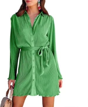 Neufigr Shirt Dresses for Women Summer Dresses Vneck Long Sleeve Mini Button Down Dress Casual Ruffle Tunic Tops with Belt