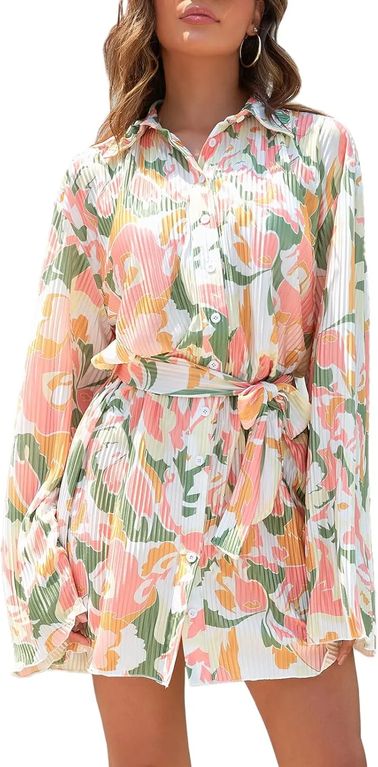 Neufigr Shirt Dresses for Women Summer Dresses Vneck Long Sleeve Mini Button Down Dress Casual Ruffle Tunic Tops with Belt