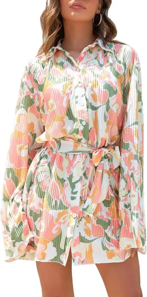 Neufigr Shirt Dresses for Women Summer Dresses Vneck Long Sleeve Mini Button Down Dress Casual Ruffle Tunic Tops with Belt