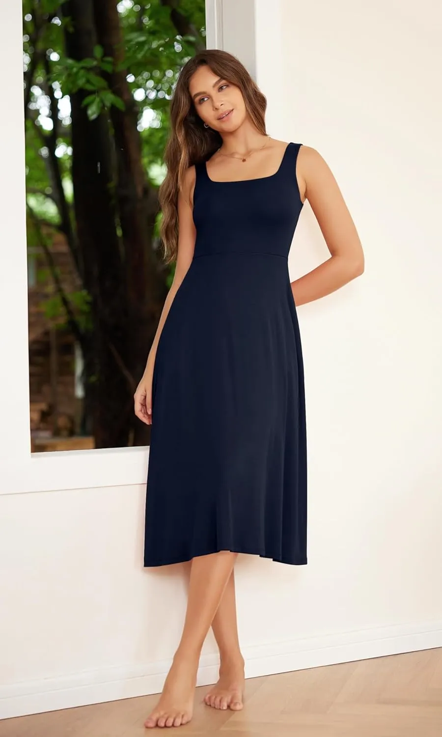 ODODOS Square Neck Midi Dress with Pockets for Women Summer Casual Sleeveless Sundress Flare Tank Dress