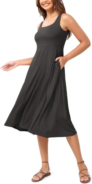 ODODOS Square Neck Midi Dress with Pockets for Women Summer Casual Sleeveless Sundress Flare Tank Dress