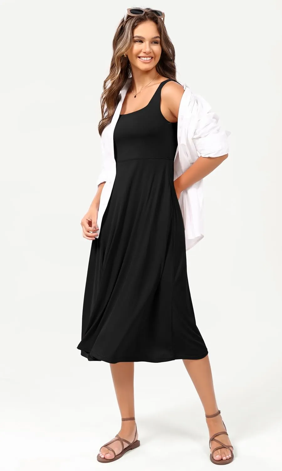 ODODOS Square Neck Midi Dress with Pockets for Women Summer Casual Sleeveless Sundress Flare Tank Dress