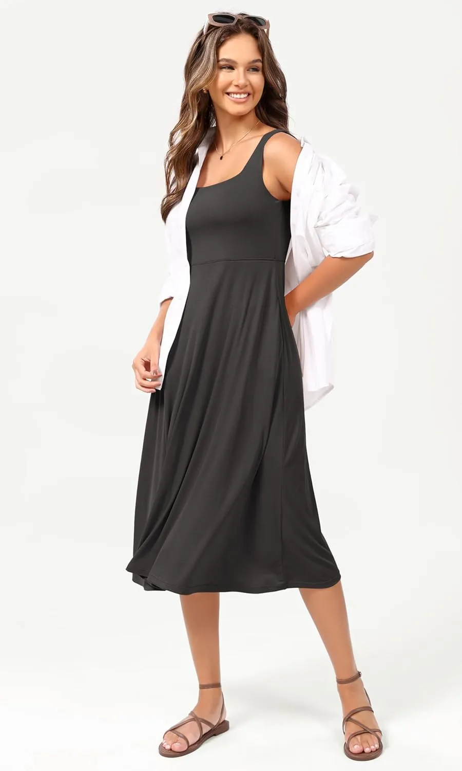 ODODOS Square Neck Midi Dress with Pockets for Women Summer Casual Sleeveless Sundress Flare Tank Dress