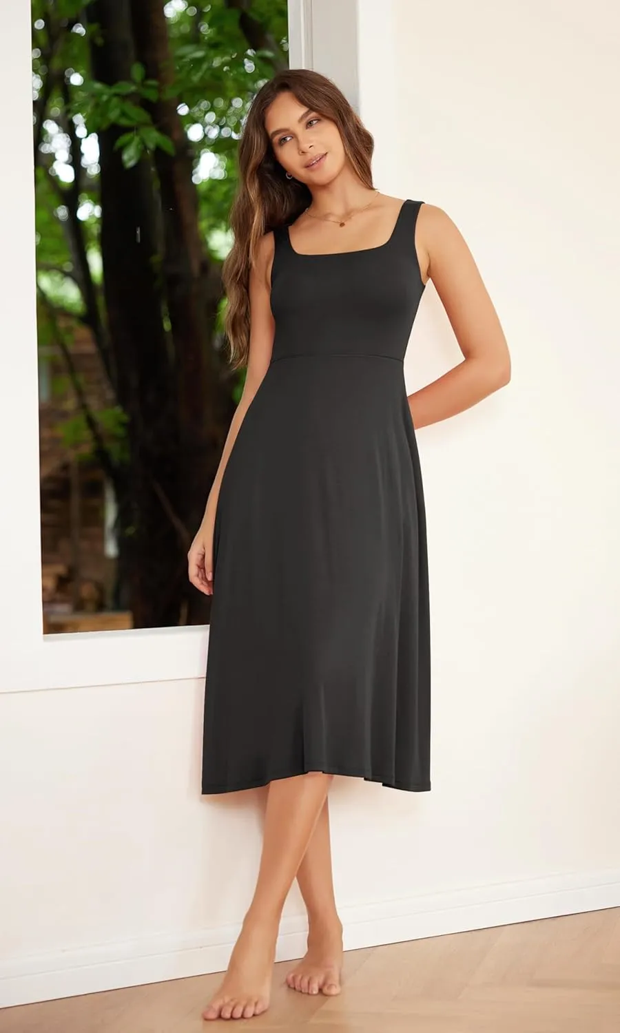 ODODOS Square Neck Midi Dress with Pockets for Women Summer Casual Sleeveless Sundress Flare Tank Dress