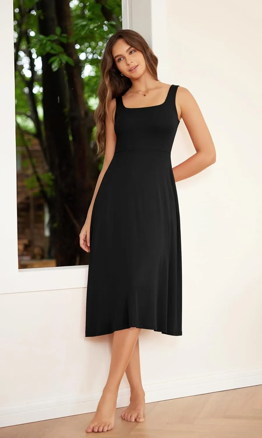 ODODOS Square Neck Midi Dress with Pockets for Women Summer Casual Sleeveless Sundress Flare Tank Dress