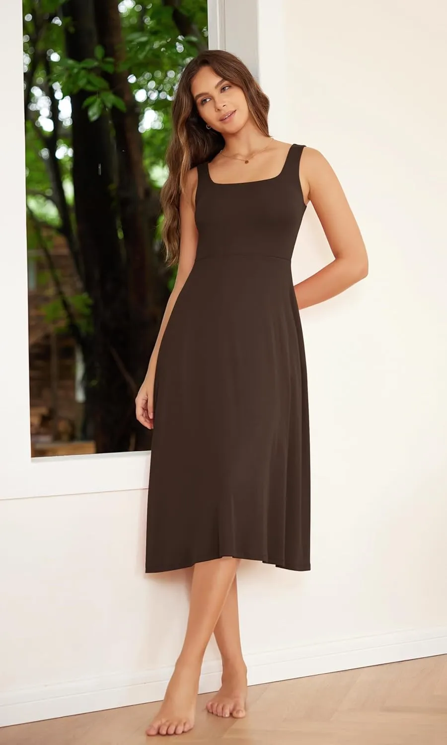 ODODOS Square Neck Midi Dress with Pockets for Women Summer Casual Sleeveless Sundress Flare Tank Dress