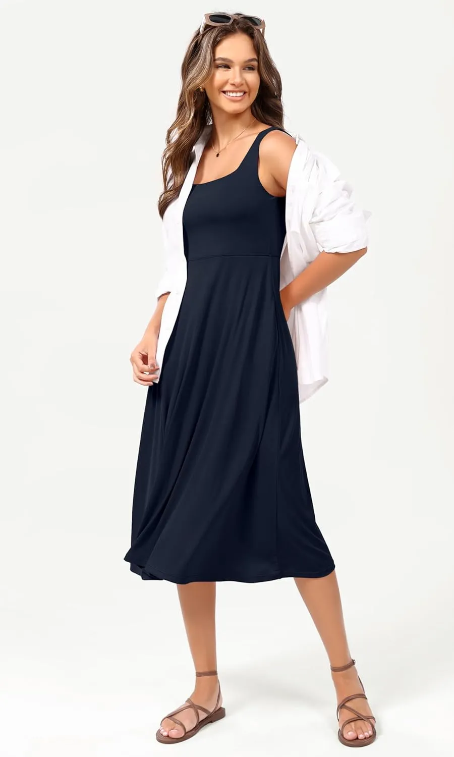 ODODOS Square Neck Midi Dress with Pockets for Women Summer Casual Sleeveless Sundress Flare Tank Dress