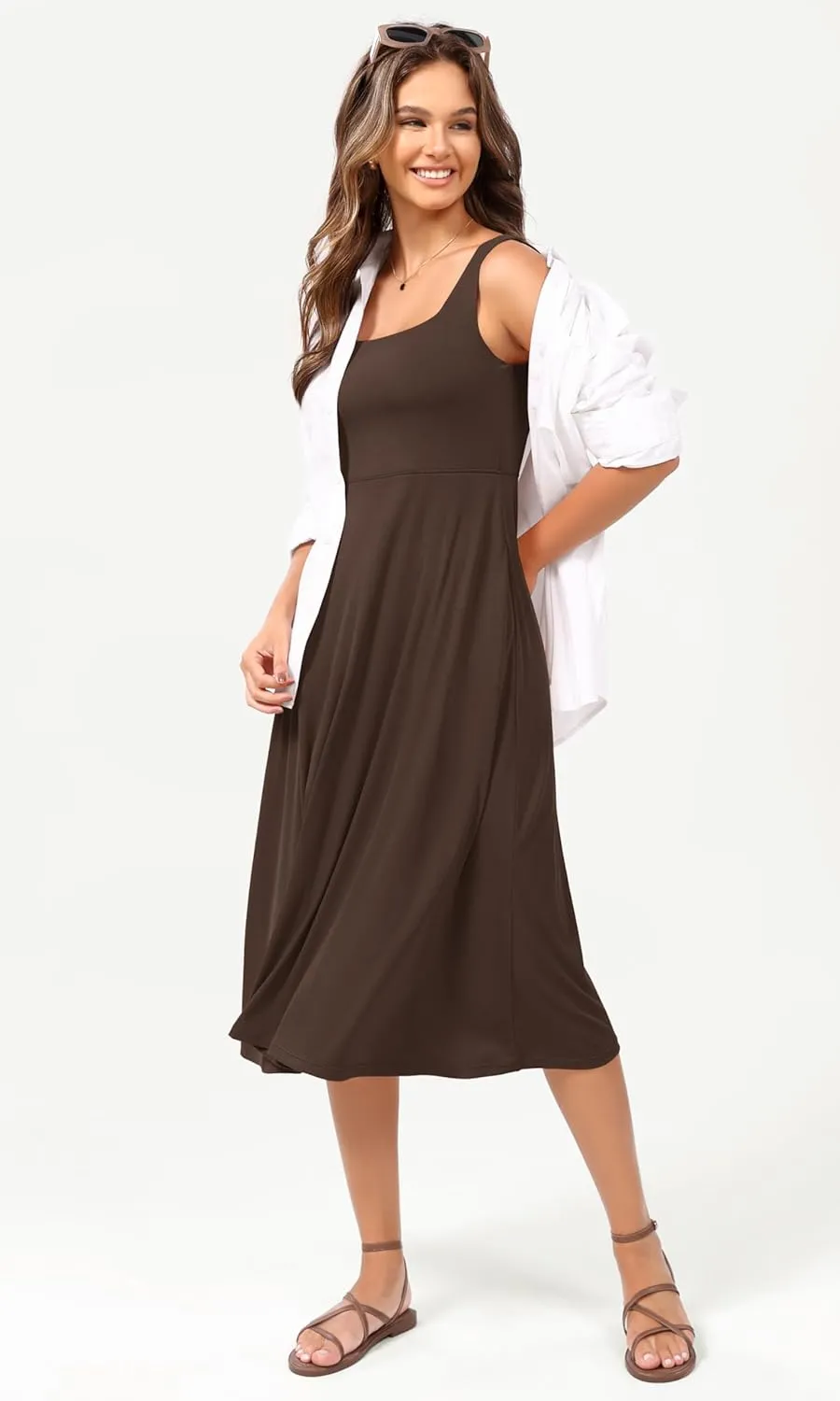 ODODOS Square Neck Midi Dress with Pockets for Women Summer Casual Sleeveless Sundress Flare Tank Dress