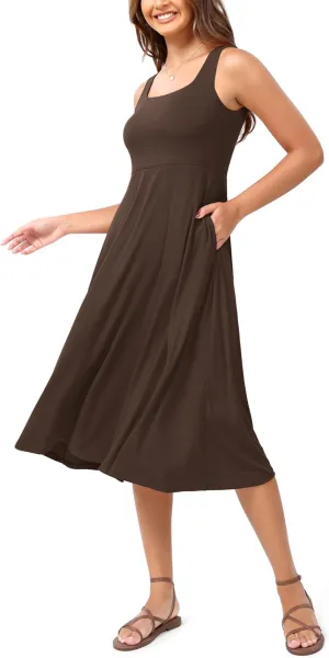 ODODOS Square Neck Midi Dress with Pockets for Women Summer Casual Sleeveless Sundress Flare Tank Dress