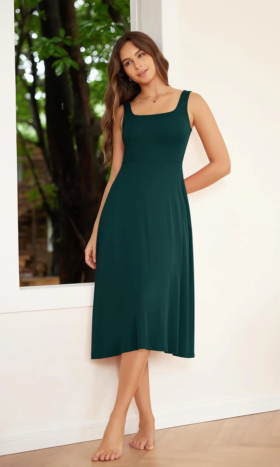 ODODOS Square Neck Midi Dress with Pockets for Women Summer Casual Sleeveless Sundress Flare Tank Dress