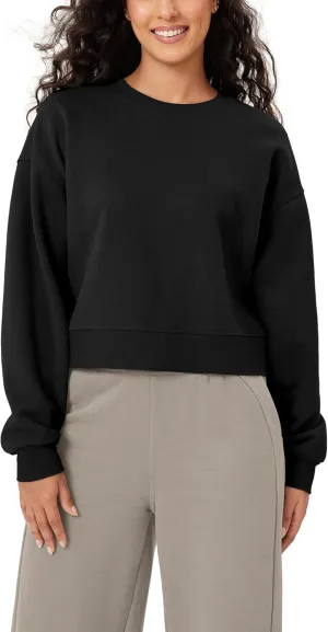 ODODOS Women's Fleece Lined Oversized Cropped Sweatshirts Long Sleeve Crew Neck Pullover Crop Top