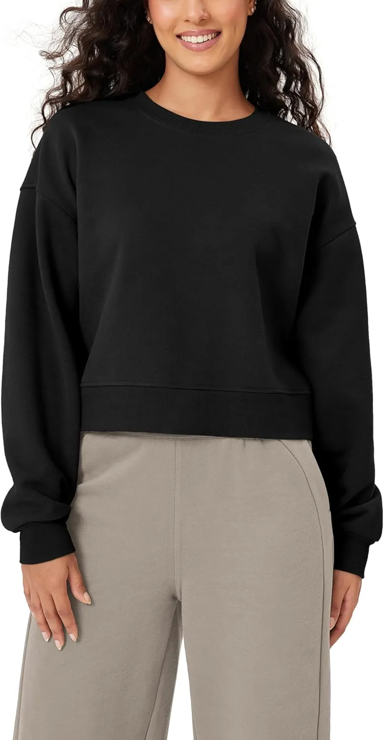 ODODOS Women's Fleece Lined Oversized Cropped Sweatshirts Long Sleeve Crew Neck Pullover Crop Top