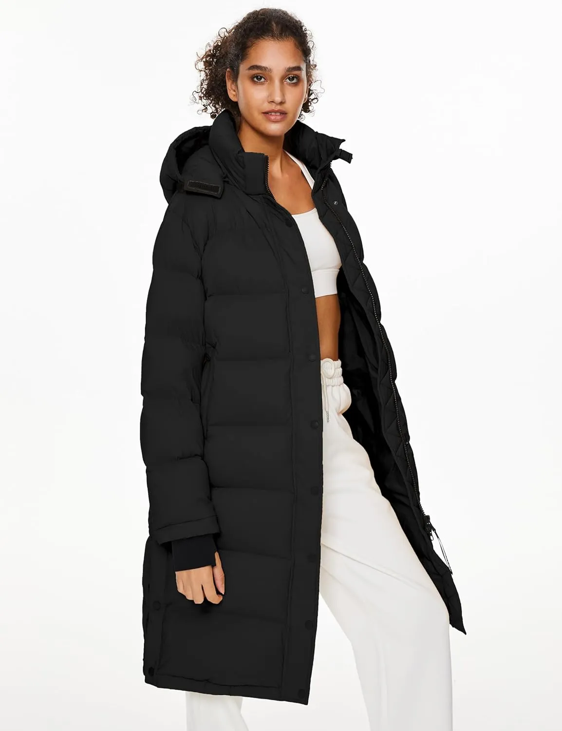 Orolay Women's Long Down Jacket Detachable Hooded Puffer Jacket Winter Warm Down Coat with Hem Slit