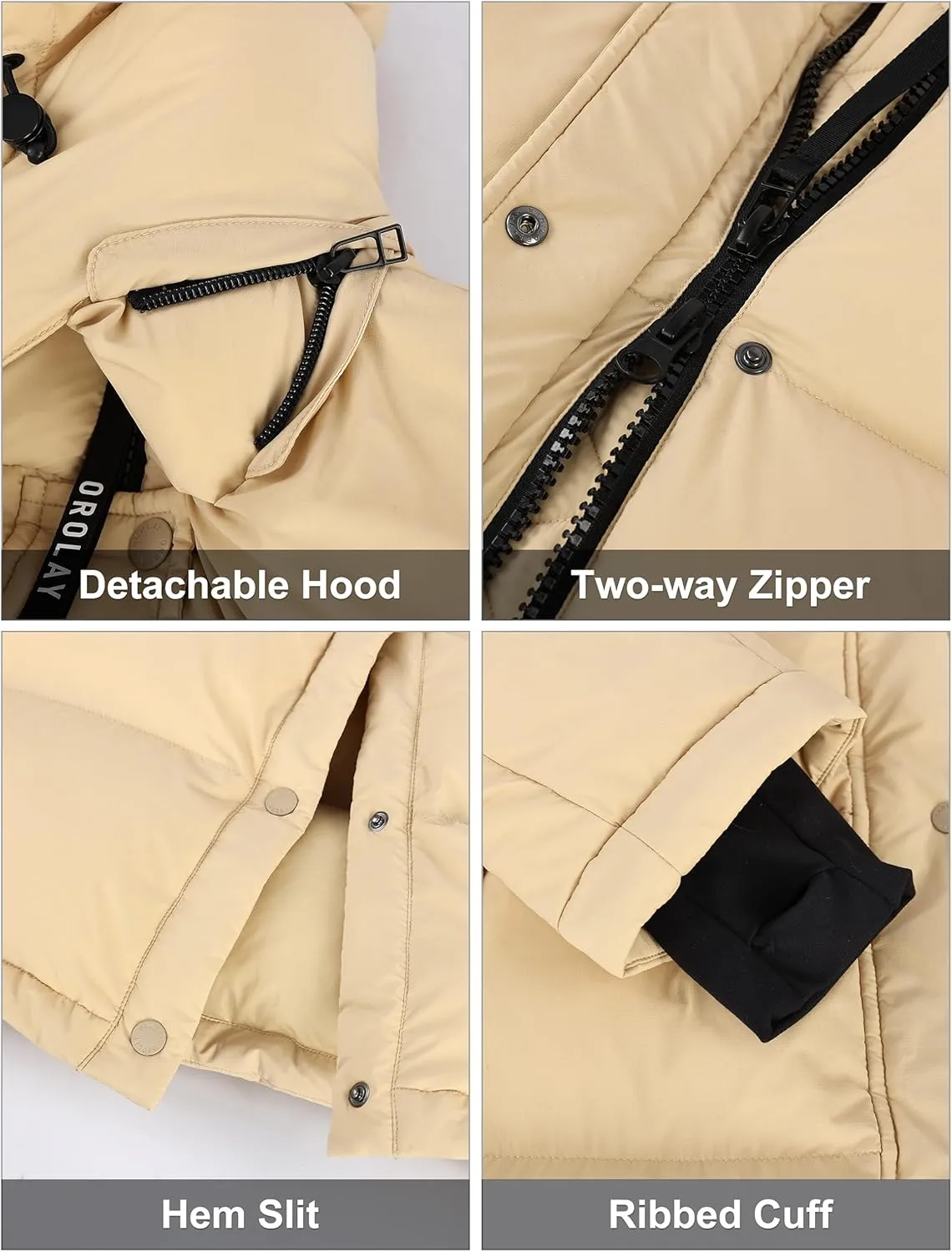 Orolay Women's Long Down Jacket Detachable Hooded Puffer Jacket Winter Warm Down Coat with Hem Slit