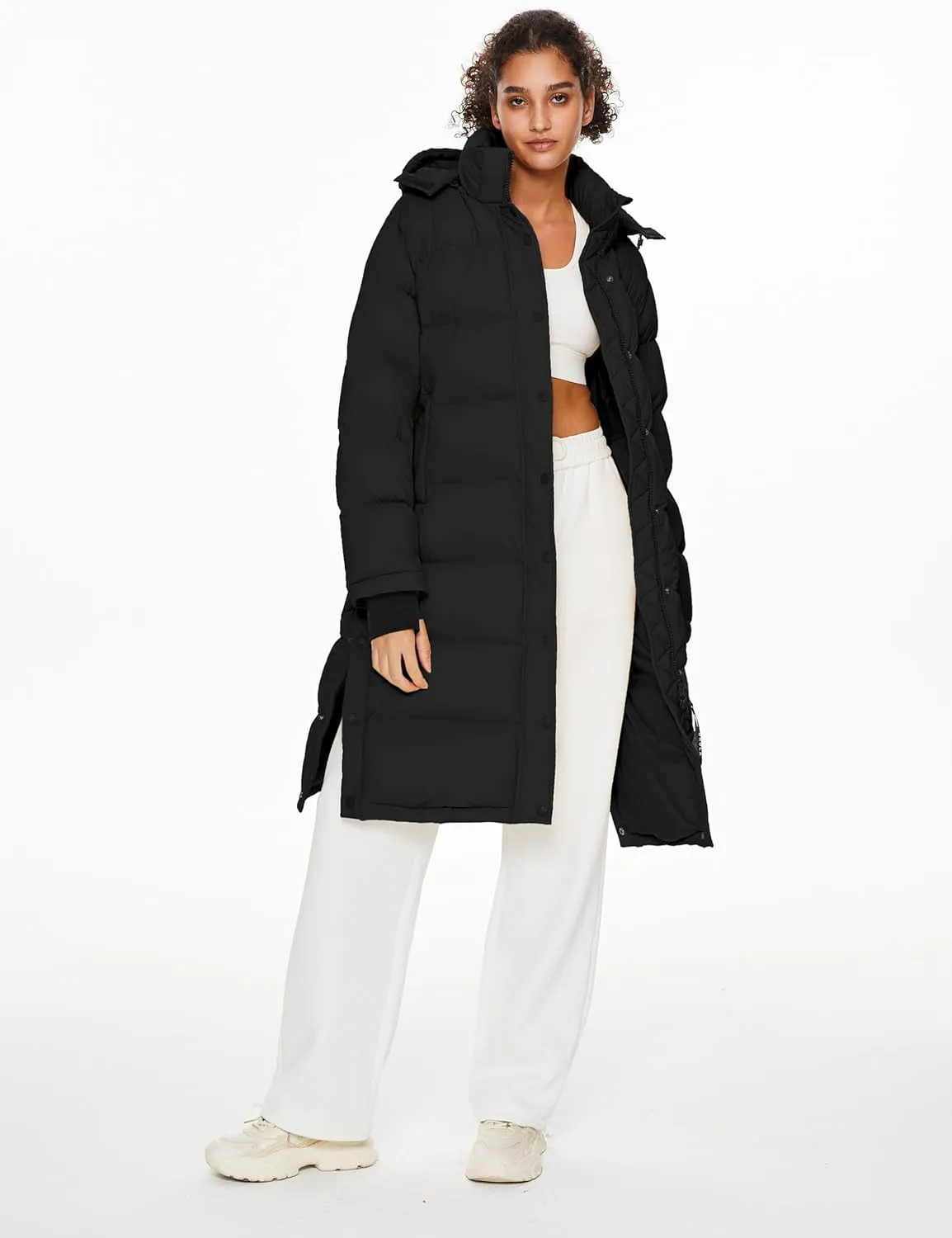 Orolay Women's Long Down Jacket Detachable Hooded Puffer Jacket Winter Warm Down Coat with Hem Slit
